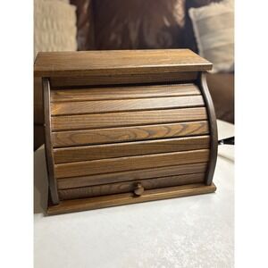 Vintage Wooden Roll Top Bread Box Oak Slat Front Kitchen Counter Storage Used